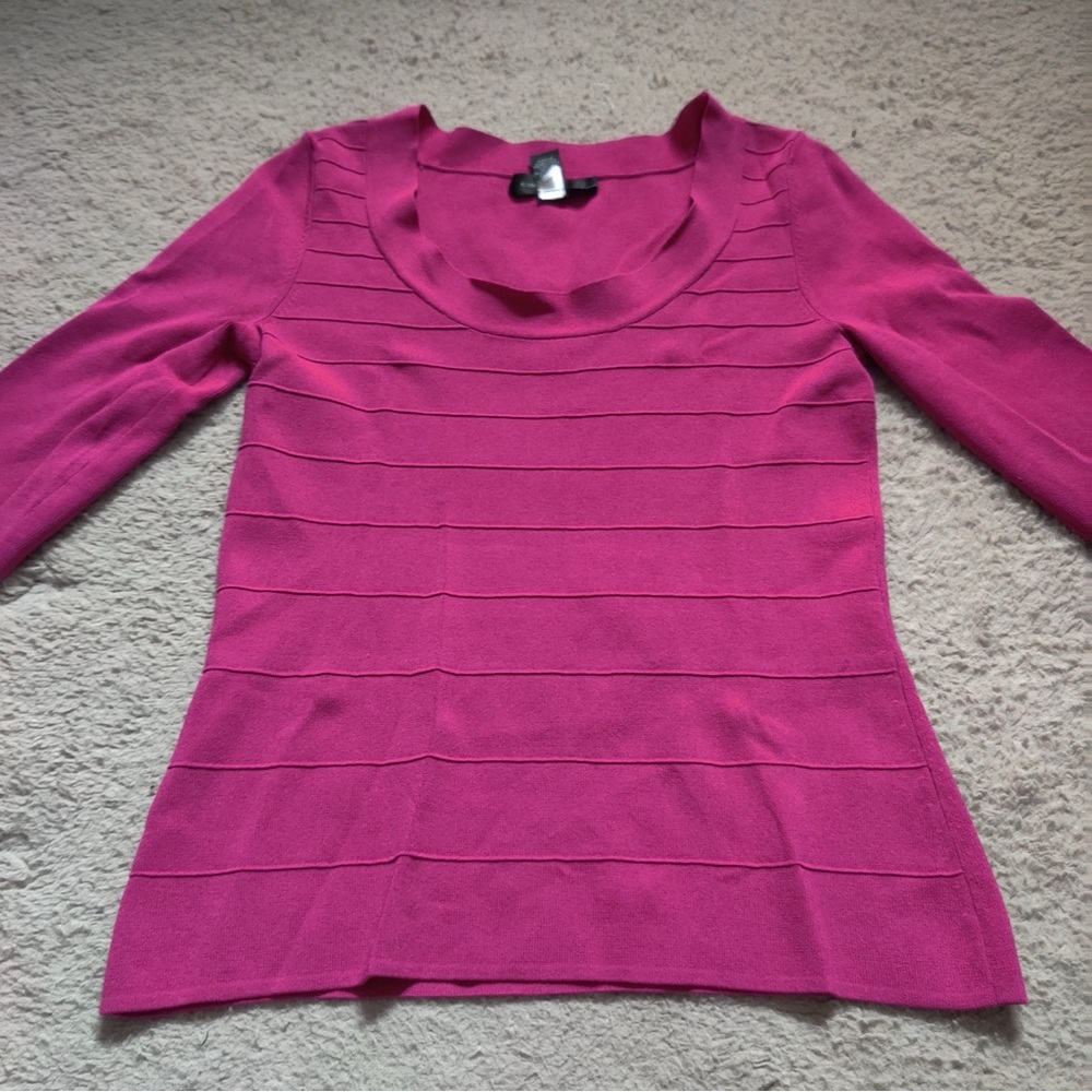 Cable & Gauge Hot Pink Fuchsia Knit Top Stripe Texture Size Small 3/4 Sleeve